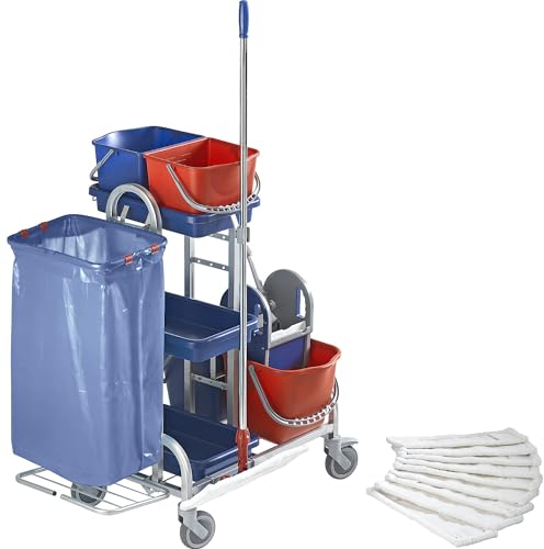 eurokraft | Edelstahl-Reinigungswagen-Set | mit 4 Eimern | Halter und 10 Mopps | Kunststoffrollen