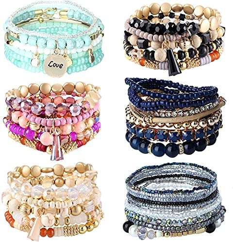LOLIAS 6 Sets Böhmische Stapelbare Perlenarmbänder für Damen Herren Stretch Mehrschichtige Armreifen Armband Set Boho Mehrfarbiger Schmuck