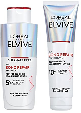 L’Oreal Paris Elvive Bond Repair Routine Set for Damaged Hair, Shampoo 200ml and Conditioner 150ml, Deep Intensive Hair Repair Treatment, Rebuild Broken Hair Bonds