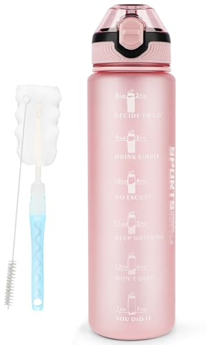 AOHAN Borraccia sportiva senza BPA da 1 l, con cannuccia, lavabile in lavastoviglie, bottiglia d'acqua motivazionale a tenuta stagna con indicazione del tempo, non tossica per mensa (Rosa Chiaro)