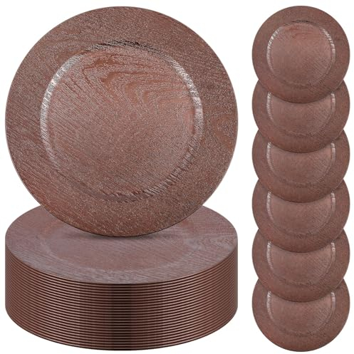 Mifoci 50 Pcs Faux Wooden Charger Plates 13 Inch Round Rustic Plastic Plates Antique Design Bulk Decorative Chargers for Dinner Plates for Wedding Dinner Table Farmhouse Party Event (Brown)