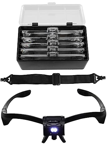Housoutil Kopflupe Mit Led Licht Lupenbrille Mit 5 Verwechselbaren Kunststoff Acryl Linsen Ergonomischer Nasenbügel Für Augenbrauentätowierung Nähen Und Basteln