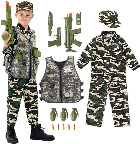 Udekit Deluxe Armée Uniforme Cosplay Costume Soldat Tenues avec Uniforme, Gilet Tactique, Grenade, Sabre, Balle, Interphone et Autres Jouets pour Enfants