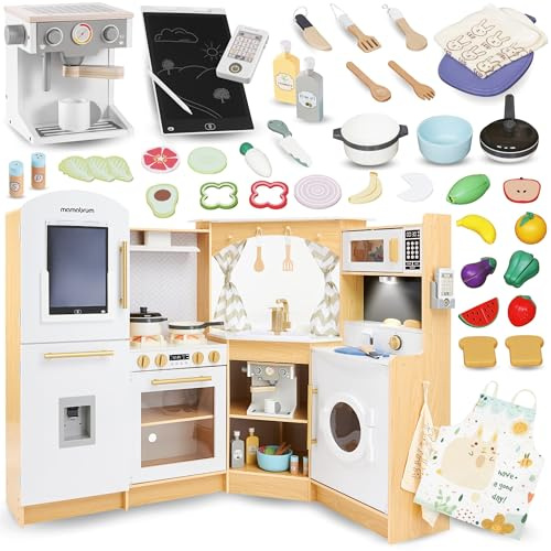 Mamabrum Cucina in Legno per Bambini 3+, Set XXXL con Luci LED, Caffettiera, Pentole, Frutta e Verdura | 50 Pezzi di Accessori Giocattolo