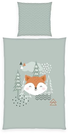 Herding Young Collection Ensemble de literie en Flanelle, Nordic Forest, taie d'oreiller 80 x 80 cm, Housse de Couette 135 x 200 cm, avec Patte de Boutonnage, 100% Coton/Flanelle