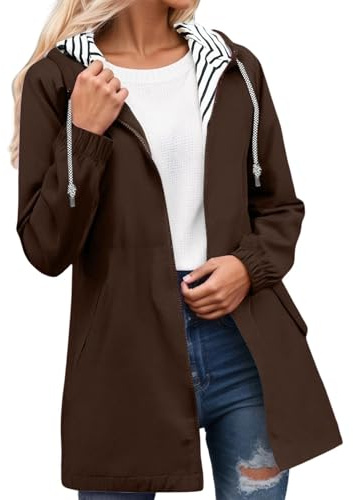 Veste de pluie pour femme - Longue - Imperméable - Respirante - Avec capuche - Veste d'extérieur légère et coupe-vent - Pour vélo et randonnée - Grandes tailles, 01 - Marron., XL