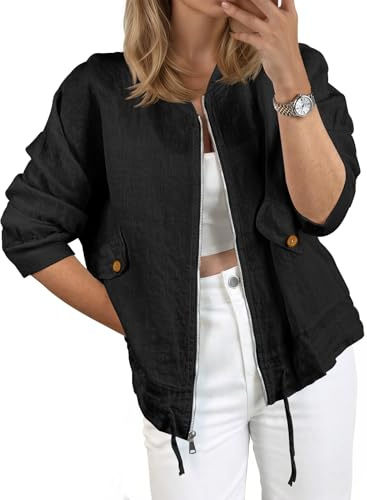 Tankaneo Womens Lightweight Bomber Jackets Casual Zip Up Drawstring Cotton Linen Jacket With Pockets