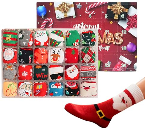 Julstrumpor, adventskalender, 24 dagars nedräkningskalender, 12 par klassiska feststrumpor, för vuxna och tonåringar för vinter och semester i