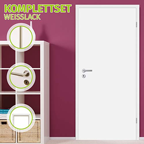 HORI® Zimmertür Komplettset mit Zarge und Türdrücker I Weißlack-Innentür I Höhe 198,5 cm I Größen und BB- oder WC-Schloss wählbar I 1985 x 610 x 80 mm I DIN rechts