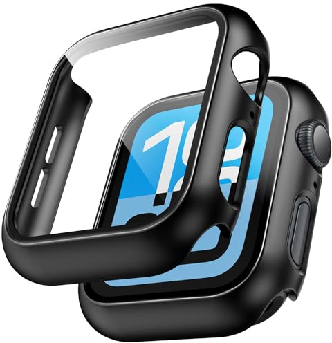 TAURI 2 Pack Hard Case for Apple Watch SE 3 /Series 6/5/4 /SE 44mm, Black | Tempered Glass HD Screen Protector with Full Coverage, [Scratch-Resistant] Touch Sensitive Slim Cover for iwatch 44mm