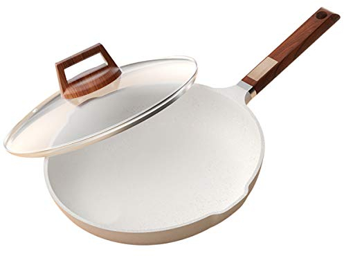 Antihaft-Bratpfanne Aluminiumlegierung mit Glasabdeckung und Massivholzgriff Spiegelei Fried Steak Pot für Induktionsherd Gasherd
