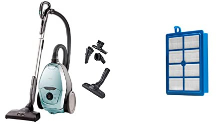 AEG VX82-1-4MB Staubsauger mit Beutel/autom. Saugkraftregulierung 600W / hellblau & AFS1W Allergy Plus Filter (Ideal für Allergiker, Filterwirkung mehr als 99%, saubere Luft, waschbar) blau/weiß