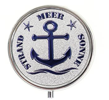 Sommerliche Metall Pillendose mit 3 Trennfächern und Spiegel für medizinische Tabletten als täglicher Begleiter, Pillenspender Pillentetui H: 2cm, ⌀ 5cm