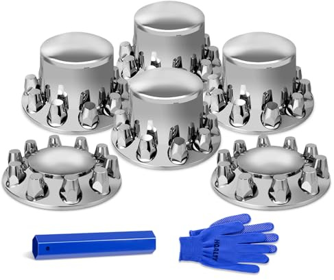 HQALTY 33mm Axle Cover Chrome Dome Combo Kit Thread-On Lug Nut Covers with 2 Front and 4 Rear Axle Wheel Covers Removable Hub Caps for Semi Truck (Installation Tool Included)