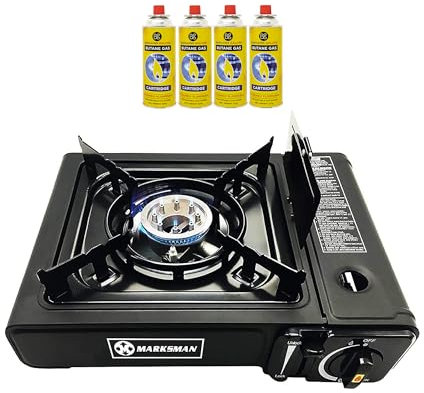 Portable Gas Cooker Stove with 4 Butane Gas Bottles Canisters - For Outdoor Camping, Fishing, Caravan & BBQ | Premium Burner, Automatic Ignition & Heater Control, EN417 Compliant - Black With Case