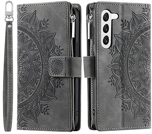 VEEMOS Handyhülle für Samsung Galaxy S23 5G hülle Klappbar Blumen Handytasche Schutzhülle Klapphülle mit Kartenfach Handy Tasche Book Cover Flip Case Ständer - Grau