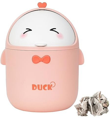 KYSUN Papelera Escritorio Pequeña,Mini Papelera de Escritorio con Tapa,Papelera de Mesa Portátil, Papelera de Mesa de Maquillaje Estilo Dibujos Animados Lindo, para Oficina, Cocina, Dormitorio (rosa)