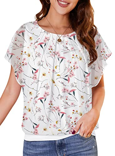 WANGZHI Damen Sommer Fledermausärmel Chiffon Bluse Rundkragen Casual T-Shirt Loose Fit Kurzarm Tunika Festliche Oberteile Basic Shirt Tops Chiffonbluse YH-Rosa Blume/weiß S