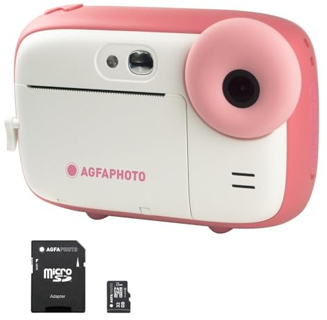 AGFA Photo Pack Realikids Instant Cam + 1 Micro SD-kort 32 GB - barn omedelbar kamera, 2,4 tums LCD-skärm, litiumbatteri, selfie-spegel och fotofilter - rosa