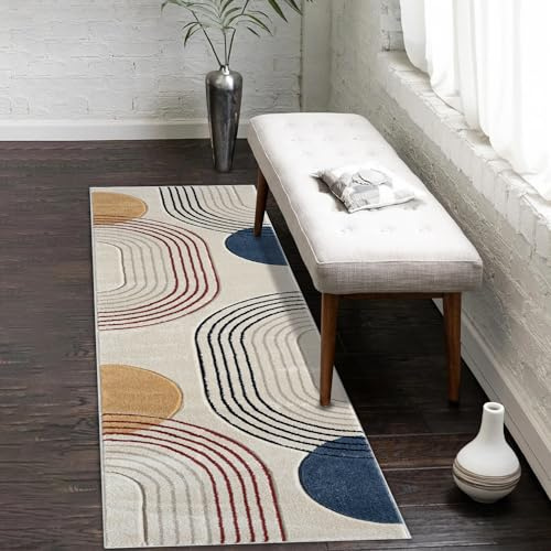 payé Teppich Läufer Kurzflor Beige Multi - 80x150cm - Boho Abstrakt Muster Modern Skandinavisch Wohnteppich Schlafzimmer