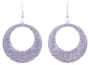 ZARZAMORA Pendientes Bohemio Vintage de Plata Tibetana Acabado Antiguo y Ganchos Acero Inoxidable- Aros Grandes Colgantes Diseño Étnico Tallado en Relieve -Regalo Original