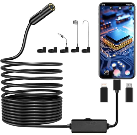 YOVOCA Endoskopkamera mit Licht, 1920P HD Endoskop Kamera Handy, 5,5mm Inspektionskamera Rohrkamera 5m mit 8 LED Licht IP67 Wasserdichtes für iPhone, iPad, OTG Android Geräten