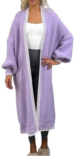 Gestreifter Strick-Maxi-Cardigan für Damen, übergroß, offene Vorderseite, Ballonärmel, Taschen, Flieder, 38-40