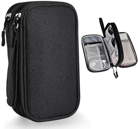 TQPXZO Universal Travel Cable Organizer, Portable Cable Bag, Double Layer, 3-Layer, Black, 19x11x5.5cm, 10 Compartments, Electronics Accessories Organizer