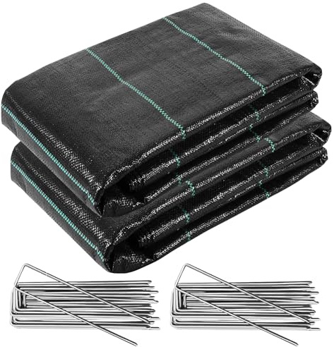 SINGHAL Bâche noire contre les mauvaises herbes avec piquets de membrane anti-mauvaises herbes, tissu paysager 110 g/m² très résistant pour jardins, agriculture, projets de plein air (2 x 5 m avec 20