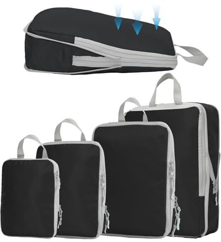 4-teiliges Kompressions Packwürfel Set | Wasserdichtes Reise Organizer für Kleidung, Kosmetik, Camping | Leichtes Aufbewahrungsset mit Tragegriff Compression Packing Cubes (Schwarz)