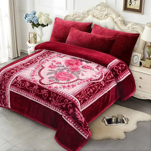 JYK Koreanische Nerzdecke, 2,6 kg Fleece, Kingsize, 200 x 229 cm, 2-lagig, wendbar, Rosa/Burgunderrot