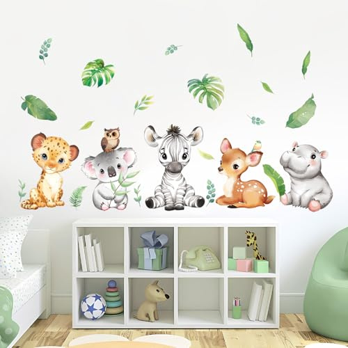 Tanlaby Wandtattoo Waldtiere Safari Dschungel Leopard Nilpferd | Grüne Pflanze Rehkitz Zebra Koala für Kinderzimmer Babyzimmer Schlafzimmer
