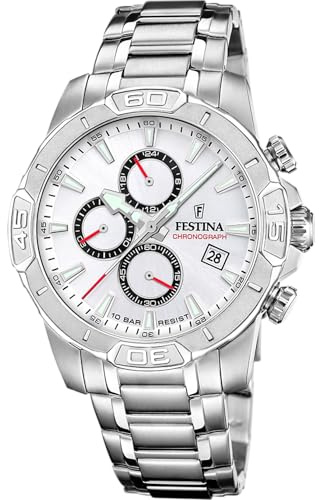 Festina Montre Homme Analogique en Acier Inoxydable 316L Argenté - Mouvement Quartz - Chronographe - Calendrier - Verre Minéral Résistant - Étanche 10 ATM F20704/1 Timeless Chronograph