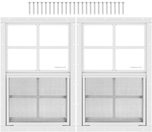 2 Pack Shed Window 14 W x 21 H, White Flush Mount Window with Tempered Glass and Removable Screen for Playhouses, Sheds, Garage and Chicken Coops