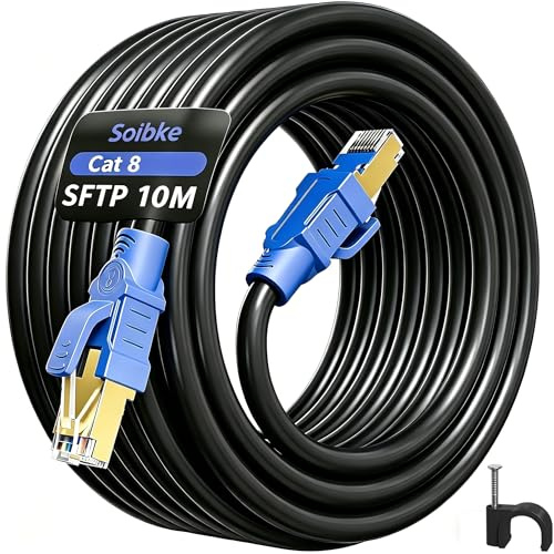 LAN Kabel 10 Meter Cat 8 Schwarz Internet Kabel High Speed Geschirmt SFTP | Ethernet Kabel Netzwerkkabel Hochgeschwindigkeits Patchkabel WLAN RJ45 Gigabit für Modem Router