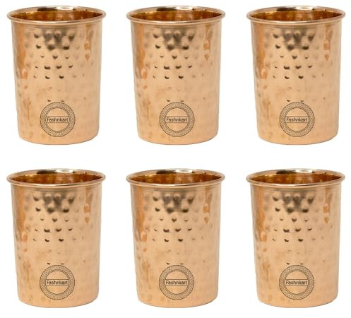Fashnkart Reine Kupfergläser für Trinkwasser, ayurvedische Gesundheitsbecher, Kupferbecher 300 ml (gehämmert), 6er-Set