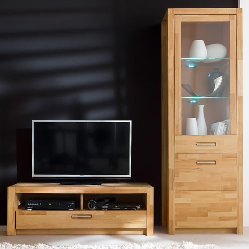 Lomadox Wohnwand TV-Wand, Kernbuche massiv geölt keilgezinkt, 2-teilig, Echtholz/Massivholz, 1 Lowboard, 1 Vitrine, inkl. LED-Beleuchtung