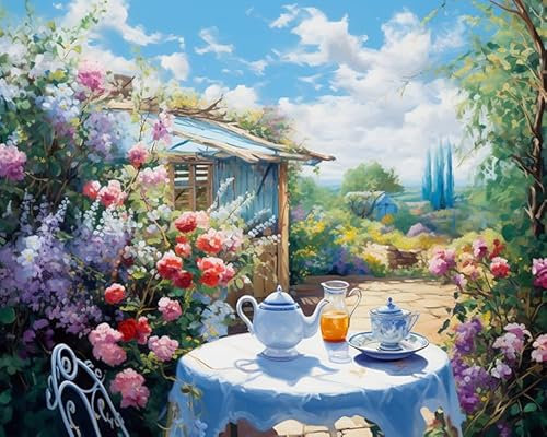 YarnAdventures Garden View Paint by Numbers for Beginner,Table and Tea Set,Digital Oil Paint by Number for Adults Easy Canvas for Home Wall Decoration and Gifts,40x50cm Frameless
