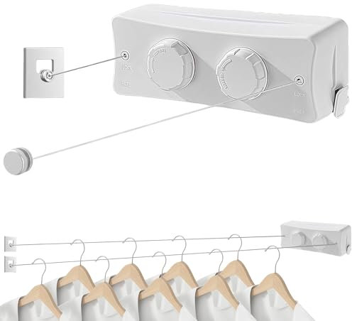 Cuerda de lino retráctil para interior y exterior, 2 x 5,1 m, acero inoxidable, alambre de lino retráctil, tendedero de ropa de ahorro de espacio, color blanco