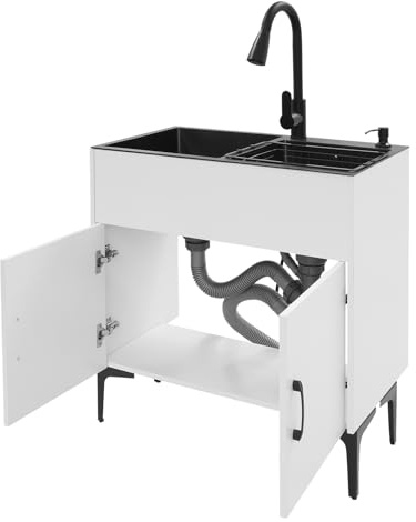 Laundry Sink with Cabinet, Stainless Steel Sink Laundry Tub with Faucet Heavy Duty Slop Freestanding Utility Sink for Washing Room Basement Garage Shop Single-Bowl (White, 29.5 * 16.1 * 30.7in)