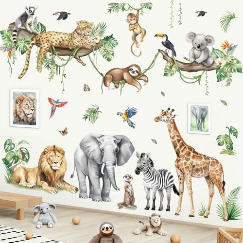 decalmile Adesivi Murali Safari Animale Albero Ramo XXL Adesivi da Parete Animali della Giungla Elefante Giraffa Leopardo Decorazione Murale Asilo Nido Camerette Bambini Camera da Letto
