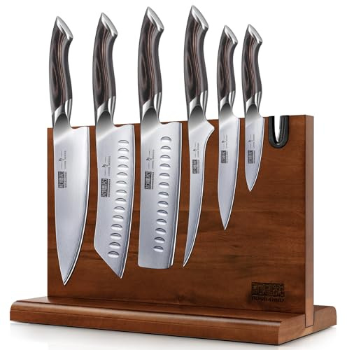 HOSHANHO 7 Pieces Kitchen Knife Set, Japanese High Carbon Stainless Steel Magnetic Knife Block Set, Ultra Sharp Chef Knives Sets with Ergonomic Pakkawood Handle