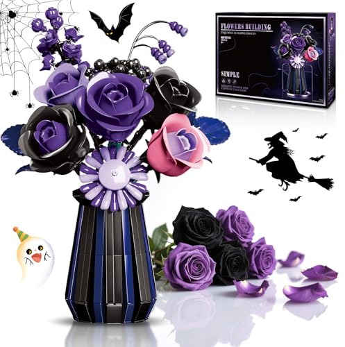 kiothdre Kit Construction Bouquet Fleur Rose- Botanical Rose Violettes et Noires pour Adulte Femme, 988PCS Bouquet de Fleur Artificielles pour Décoration Maison & Bureau- Cadeau Noël & Anniversaire