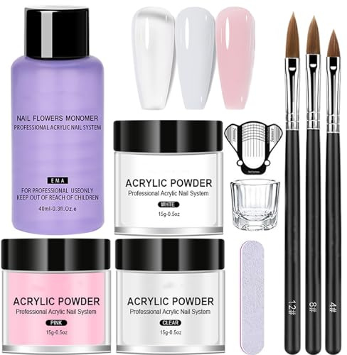 Acrylic Nail Kit Large Capacity Set，Acrylic Powder with Nail Brush, 3 Colors Pink Nudes Clear Nail Acrylic Powder - Acrylic Liquid set Acrylic Nails Extension for Beginners，Nail File Nails Extension