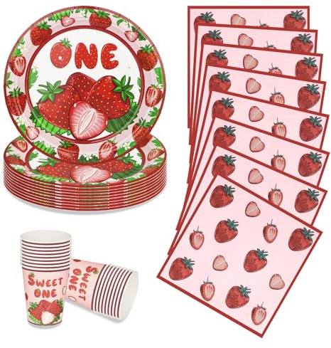 72Pcs Strawberry Berry First Birthday Plates Cups and Napkins, Sweet One Summer Fruit Party Tableware for Baby Girls, Strawberry Party Supplies Decor Serves 24