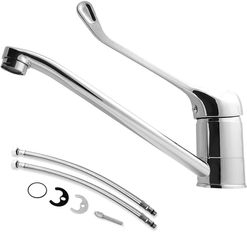Robinet d'évier horizontal avec longue poignée en acier inoxydable et laiton – Design unique, réglage de la température chaud/froid, comprend 2 ensembles de tuyaux d'eau, vis et joints