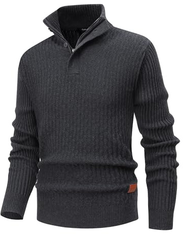 CoXuantion Pull Homme d'hiver Pullover Col Montant Chaud Pull Quart de Bouton Chandail en Tricoté Casual Couleur Unie Manches Longues 1/4 Zip Sweater M,Gris