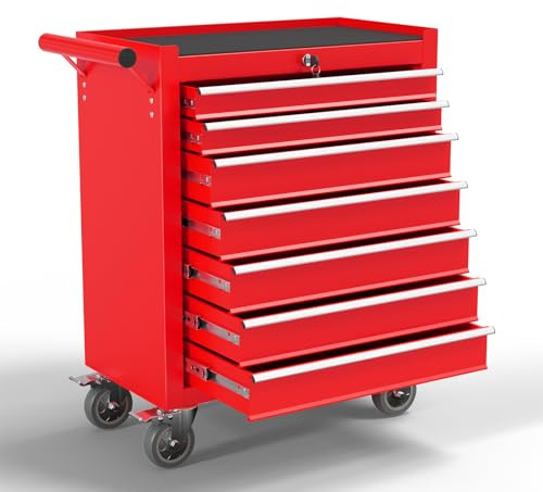 7-Drawer Metal Rolling Tool Chest with Wheels,Tool Storage Cabinet with Locking System，Toolbox with Wheels for Garage,Workshop, Repair Shop(Red, 7-Drawer)