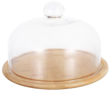 Baluue Food Holder Cake Container with Glass Dome Cover and Bamboo Wood Tray Small Transparent Dustproof Dessert Display Stand for Parties Weddings and Home Snack Presentation