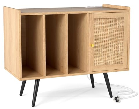 Multigot Record Player Stand with Charging Station and Shelves | Wooden Turntable Stand Vinyl Record Holder with Rattan Door for 220 Albums, Accent Sofa Side Table Vinyl Storage Unit